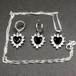 925 Silver CZ Black Diamond Heart Necklace Earrings Set Valentines Birthday Gift